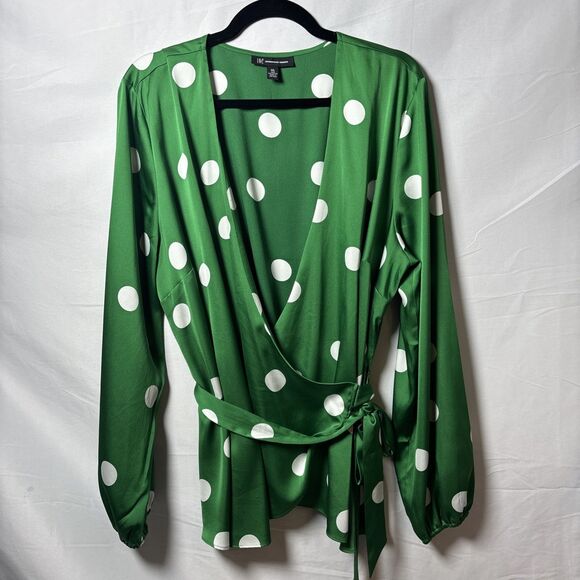 INC Green and White Polka Dot Wrap Blouse XXL - Picture 2 of 6
